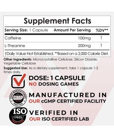 Caffeine and L-Theanine Capsules - 60 Pills, 100mg Caffeine, 200mg L-Theanine - Natural Nootropic Supplement for Energy Boost, Mental Focus, Alertness - Coffee Alternative - 60 Count - Buy Online on GoSupps.com