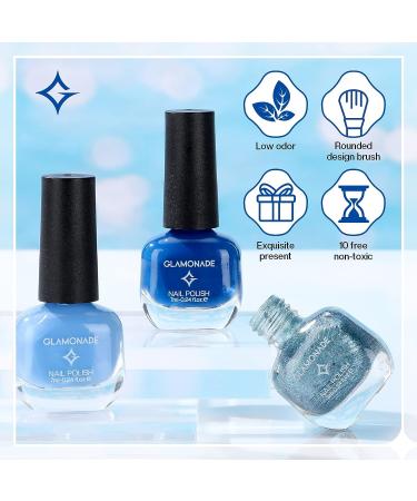 Glamonade Glitter Blue White Nail Polish Set - 10-Free Non Toxic Water Based Formula - 0.24 oz 6 Colors Kit with Rounded Design Brush - Ideal for Beginners - Buy Online on GoSupps.com
