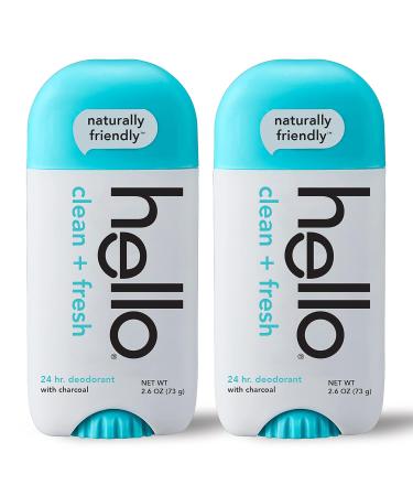 Hello Activated Charcoal Fresh and Clean Deodorant for Women + Men Aluminum Free Baking Soda Free Parabens Free 24 Hour Odor Protection 2.6 Ounce - Pack of 2