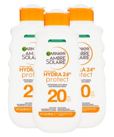 Garnier Garnier Ambre Solaire Hydra 24h Protect Sun Lotion for Face and Body SPF 20 Medium Protection Against UVA UVB Moisturising Formula Nutritive Waterproof with Shea Butter 3 Bottles of 200 ml