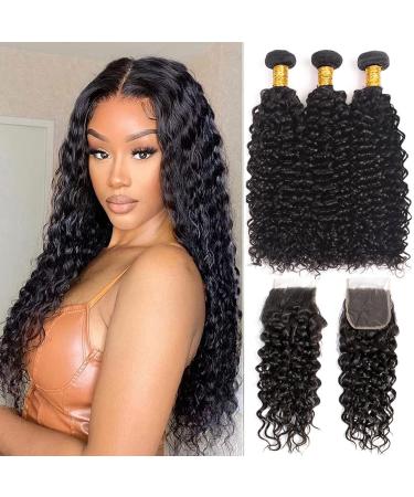 Peruvian Bundles with Closure Wet and Wavy Bundles (20 22 24+18) 100% Unprocessed 10A Virgin Human Hair 3 Bundles with 4x4 Lace Closure with Baby Hair Free Part Curly Wave Human Hair Extensions Water Wave Bundles with Closure 20 22 24+18Closure
