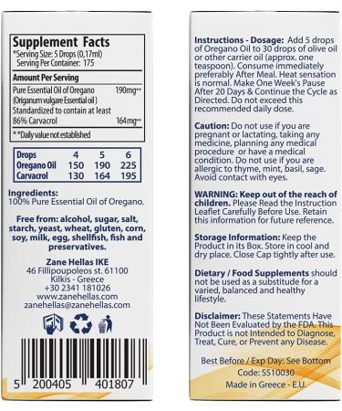 Zane Hellas 190mg Oregano Oil-164mg Carvacrol, 100% Greek Undiluted, 1fl. oz - 30ml - Buy Online on GoSupps.com