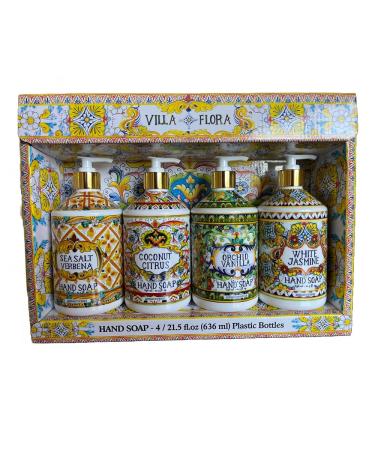 Home and Body Company Hand Soap Villa Flora Collection 16 FL/473ml Bottles infused with Essential Oils (SET OF 4) Sea Salt Verbena Coconut Citrus Orchid Vanilla and White Jasmine