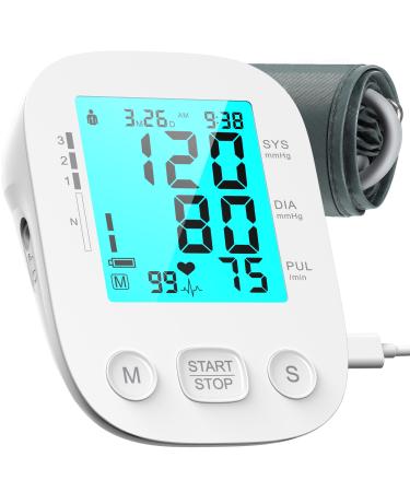 Blood Pressure Monitors for Home use Upper Arm Automatic Digital BP Monitor Wide-Range Arm Cuff Blue Backlit LCD Screen with USB Type C Cable Suitable for Holiday Christmas
