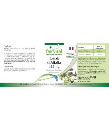 Buy Fairvital Alfalfa Tablets - 125mg Vegan Alfalfa Extract (Medicago Sativa) - 250 Tablets for Optimal Health & Wellness - Buy Online on GoSupps.com