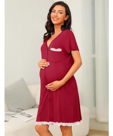 Uniexcosm Maternity Nursing Nightdress - Women's Short Sleeve Nightwear in Soft Wine Red Stripe - Button Down Nightgown for Comfortable Sleep - Maternity Pyjamas Nightshirt - Buy Online on GoSupps.com