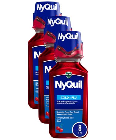 Vicks NyQuil Cough Nighttime Relief 8 Fl Oz Cherry Flavor - Relieves Sore Throat Runny Nose Cough (Pack of 3) 8 Fl Oz (Pack of 3)