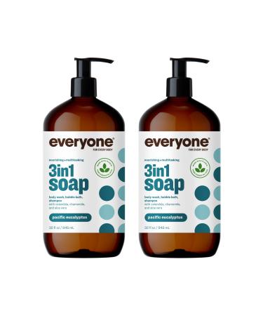 Everyone 3-in-1 Soap Body Wash Bubble Bath Shampoo 32 Ounce (Pack of 2) Pacific Eucalyptus Coconut Cleanser with Plant Extracts and Pure Essential Oils