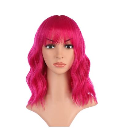 Queberty Pink Wig,Hot Pink Wigs for Women Short Wavy Colored Wigs with Air Bangs Synthetic Wigs Natural Hair Cosplay Daily Party Use