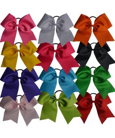 Bzybel 6 Inch Large Cheer Bow Cheerleading Bows Big Hair Bows Hair Barrettes with Ponytail Holder Jumbo Classic Accessories for Teens Women Girls Softball Cheerleader Sports Elastics (12 pcs) Mix Colors