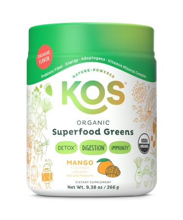 KOS Organic Superfood Greens Powder - Gut Health from Prebiotic Fiber Supergreens and Adaptogens - USDA Certified Organic Made in a GMP Certified Facility - 28 Servings Mango Mango 9.38 Ounce