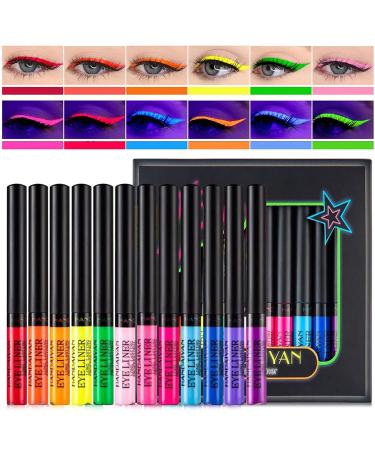 INDEBETY 12 Colors U V Glow Neon Liquid Eyeliner Set  Matte Colored Eyeliners Pen  Colorful WaterproofPigmented Waterproof Smudgeproof Long Lasting Gel Eye Liner Eye Makeup Gift Kit (Glow Under U V) set 3