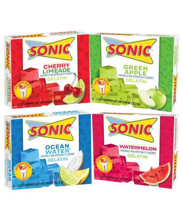 Sonic Gelatin Green Apple, Watermelon, Ocean Wave, Cherry Limeade 3.94oz Pack of 4