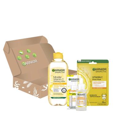 Garnier Vitamin C Brightening Essentials Set Micellar Water Serum and Sheet Mask With Vitamin C and Lemon Extract For Bright Glowing Skin SkinActive 3 Pieces