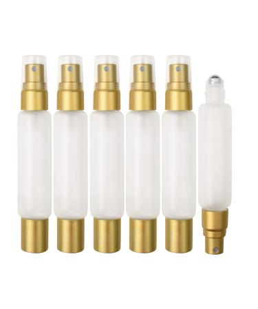Frosted Clear 10ml Essential Oil Roller Sprayer Duo Bottles Double Ended Stainless Steel Roller Balls for Essential Oils With Fine Mist Sprayer Glass Roll On Bottles - 6 pack