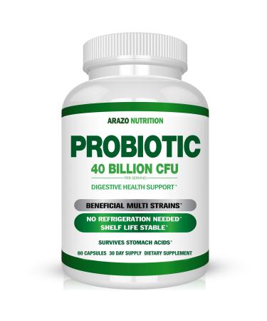 Arazo Nutrition Probiotic 40 Billion CFU - Shelf Stable with Prebiotics and Acidophilus - Stable Potency Until Expiration Time Delay Release Probiotics 60 Count (Pack of 1)