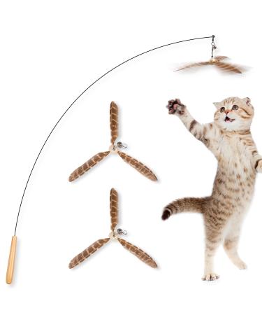 JXFUKAL Cat Wand Toys, Interactive Cat Toys with 3 Feather Refills, 29'' Flexible Steel Wire, Sturdy Wood Handle & Bell for Kitty Kitten, Cat Toys for Indoor Cats Cat Teaser Cat String Toy Set A