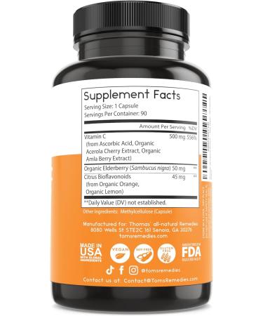 Thomas' all-natural Remedies Vitamin C with Organic Elderberry Organic Citrus Bioflavonids - Whole Food Supplement - Non-GMO - Raw Vegan - 90 Capsules - Buy Online on GoSupps.com