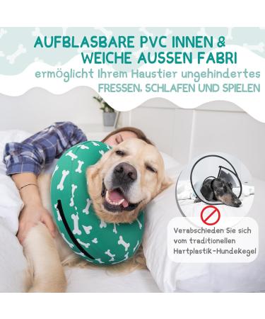 Supet Halskrause Dog - Adjustable Inflatable Recovery Collar for Dogs & Cats | Comfortable Protective Cone (Green Bones S - Neck Circumference: 17.8-25.4cm) - Buy Online on GoSupps.com