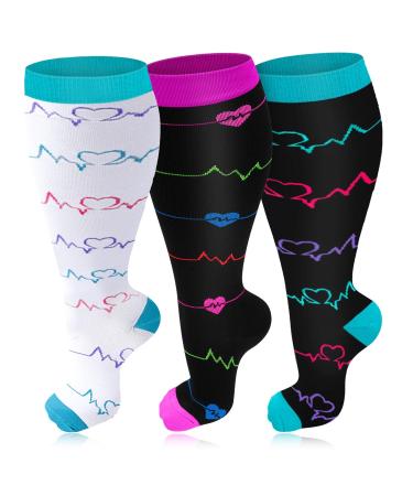 3 Pairs Plus Size Compression Socks for Women & Men 20-30 mmHg Wide Calf Extra Large Knee High Flight Socks Compression Stockings for Circulation Support 2XL 3PCS-White Purple Blue