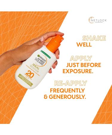Garnier Ambre Solaire Ideal Bronze Protective Sun Cream Spray SPF20 High Sun Protection Factor 20 Uniform Glow & Tan Water Resistant & Non Greasy Sunscreen UVA & UVB Protection 200ml 200 ml (Pack of 1) Sun Protection Factor 20 - Buy Online on GoSupps.com