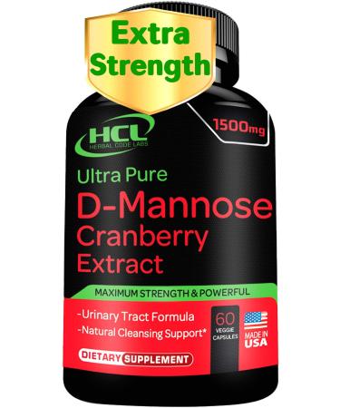 D-Mannose with Cranberry Extract Capsules 1500mg Super Strength Pills  Fast-Acting UTI Urinary Tract  Bladder Health Supplement