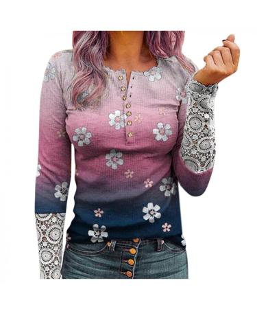 Long Sleeve Shirts for Women, Womens Ribbed Knit Henley Long Sleeves Tunic Lace Tops Cute Button Shirts Slim Fit Blouses Tee X-Large X-01 Multicolor