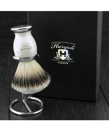 White Badger Hair men's shaving brush with black metal handle and chrome stand