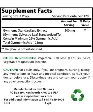 Best Naturals Gymnema Sylvestre Leaf 500mg 120 Capsules - 120 Count Pack - Herbal Supplement for Glucose Metabolism - Buy Online on GoSupps.com