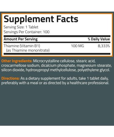 Bronson Vitamin B1 100mg, Non-GMO, 100 Vegetarian Tablets 100 Count (Pack of 1) - Buy Online on GoSupps.com