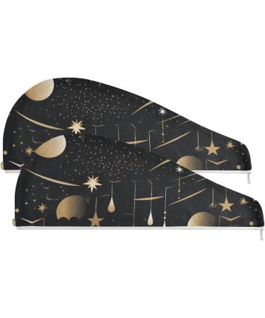 Super Absorbent Stars & Moons Black Hair Towels - Quick Dry Hair Turbans (2 Pack) | Perfect for Women & Girls - Buy Online on GoSupps.com