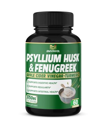Psyllium Husk Capsules 3750mg - Fenugreek, Apple Cider Vinegar, Turmeric - Fiber Supplement for Supports Digestive Health & Regularity (60Count) 60 Count (Pack of 1)