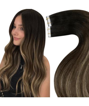 Laavoo real hair Extensions tape in balayage 55cm Seamless Remy Tape Extensions real hair ombre black to brown with caramel blonde remy hair extension real hair tape 25g 10pcs #1b/4/27 55cm-10pcs 3.1 #1b/4/27