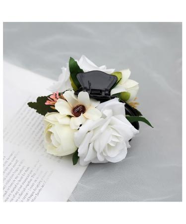 Rose Flower Hair Claw Fabric Flower Hair Barrettes Vintage Floral Hair Pins Ponytail Buns Chignon Holder for Women Girls (White)