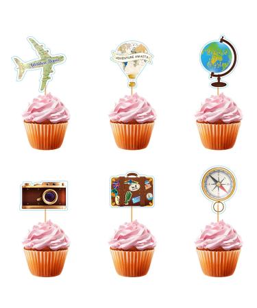24PCS Adventure Travel Theme Cupcake Toppers Airplane Cupcake Toppers Map Heart Cake Toppers for Travel Themed Baby Shower Party Decorations