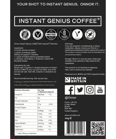 ONNOR Instant Genius Coffee Nootropic Infused Instant Coffee - Improve Focus Memory Cognitive Function and 30 Servings - Buy Online on GoSupps.com