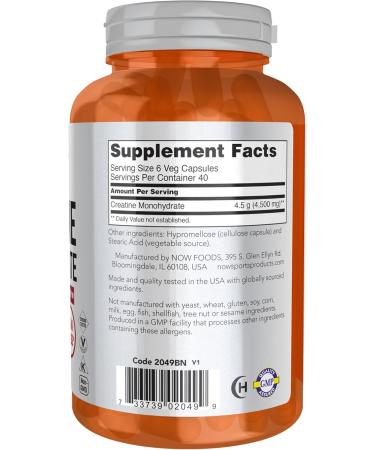 NOW Foods Creatine Monohydrate 750 mg - Mass Building & Energy - 240 Veg Capsules - International Shipping Available - Buy Online on GoSupps.com