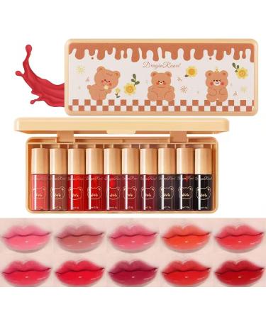10 Colors Liquid Tint Stain Set Korean Lip Gloss Moisturizing Natural Mini Liquid Lipstick Long-Lasting & Non-Stick Cup Multi-Use Lip and Cheek Tint Stain