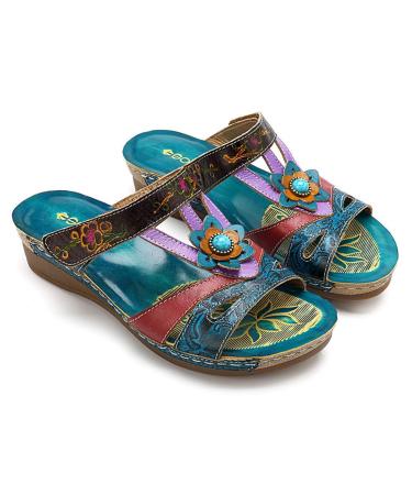 Women's sandals fashionable ethno-style flower sandals wedge heel flip-flop women's shoes soft floor comfortable waterproof resistant for indoor and outdoor area simple beach shoes color 37 EU