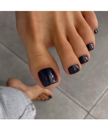 Glossy Fake Toenails Short Square Press On Toenail Cute Solid False Toe Nails Black Toe Press on Nails Summer Feet Fake Nails with Designs Press on Toenails for Women and Girls 24pcs
