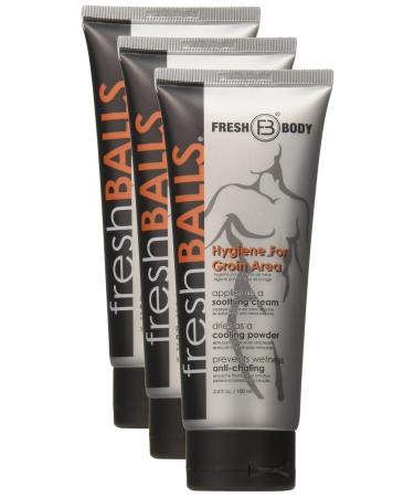 FRESH BODY Fresh Balls Lotion 3.4 fl oz - Men's Anti-Chafing Soothing Cream to Powder - Ball Deodorant and Hygiene for Groin Area (Pack of 3)