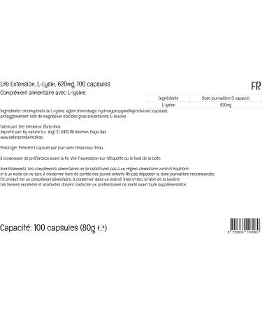 Life Extension L-Lysine 620mg High Dose Vegan Capsules - Laboratory Tested, Gluten Free, Vegetarian, SOYA Free, GMO Free - Buy Online on GoSupps.com