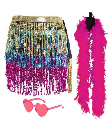 Sequin Skirt - Sequin Skirt for Women Fringe Skirt Belly Dance Rave Disco Cowgirl Sparkle Skirt, with Sunglasses + Boa Multicolor