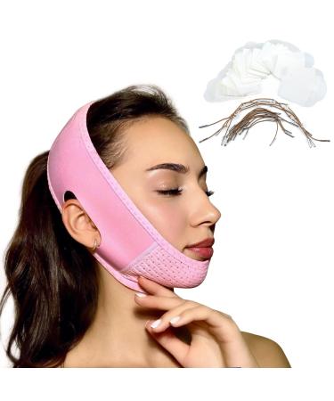 Face Lift Strap and 40 Face Lift Sticker Set - Double Chin Reducer with Invisible Adhesive Tape - Breathable and Reusable Face Slimming Strap for Women Pink