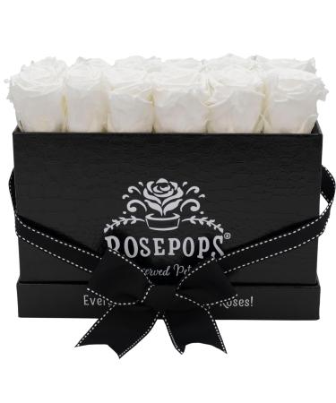 ROSEPOPS Pop-Up Dozen Preserved Real Roses - Scented Blooms Last One Year or Longer - Black Mock Crock Rectangle Box (Marshmallow Fluff Roses) Marshmallow Fluff Black Mock Croc