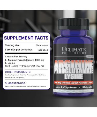 Ultimate Nutrition L-Arginine Supplements for Men & Women - Stacked Amino Acid Complex with Aginine, Pyroglutamate & Lysine - Support GH, Nitric Oxide Production & Optimal Blood Flow - 100 Capsules 100 Count (Pack of 1) - Buy Online on GoSupps.com