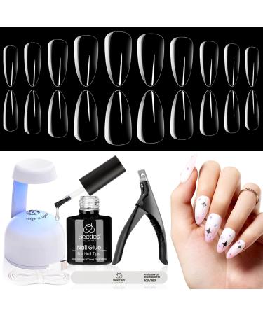 Beetles Easy Gel Tips Nail Extension Kit 5 In 1 Nail Glue Gel Base Coat with Pre-shaped Medium Almond Nails and UV LED Nail Lamp Acrylic Nail Clipper for Gel Art Polish DIY Manicure