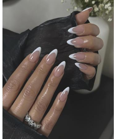 120Pcs White French Tip Press on Nails - Almond Shape Glossy Nude Full Cover False Nails with Adhesive Tabs for Women & Girls - Buy Online on GoSupps.com