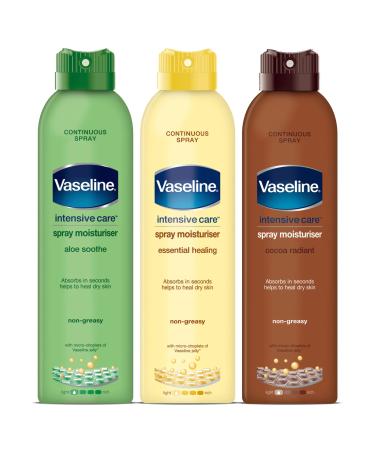 Vaseline Spray Variety Set 3 Pack Intensive Care Moisturizer for Dry Skin Essential Healing Cocoa Radiant Aloe Soothe Fresh 6.42 oz. Each Aloe Soothe Essential Healing and Cocoa Radiant 2.14 Fl Oz (Pack of 3)