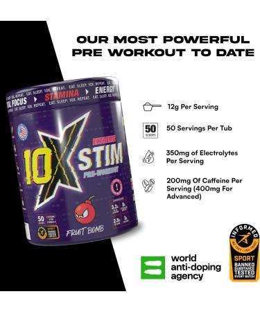 10X Athletic Stim Pre Workout Beta Alanine High Caffeine Creatine Sugar Free Vegan Low Calorie Various Flavours 600g 25/50 Servings (Apple Attack) - Buy Online on GoSupps.com